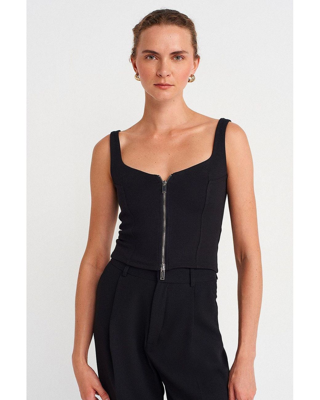 Dilvin Black Cropped Corset Top With Square Neck