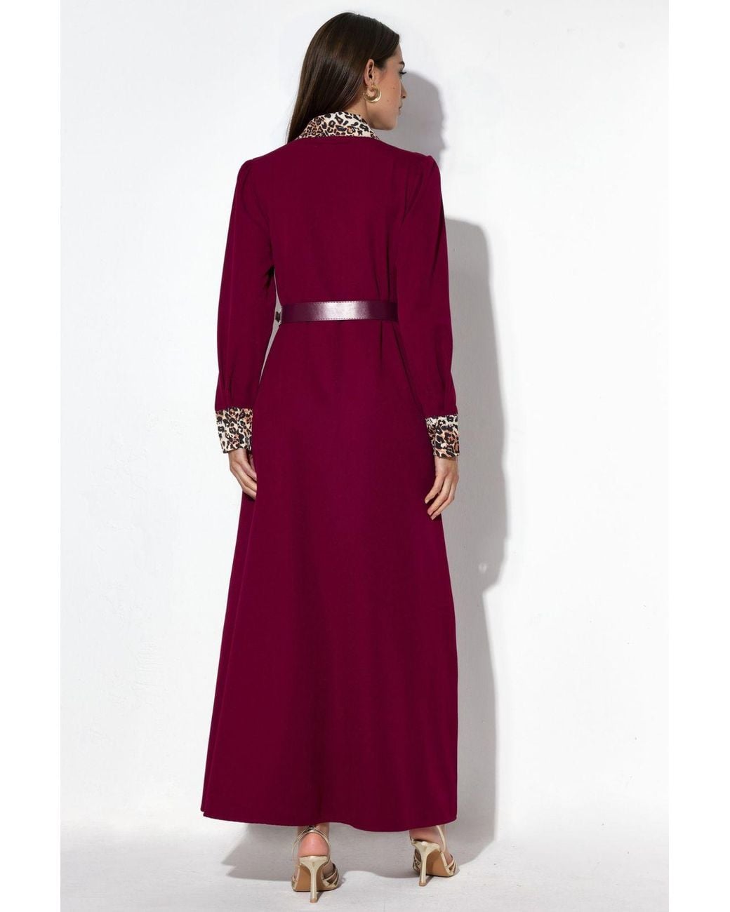 Msn-Collection Red Leopard Print Maxi Shirt Dress