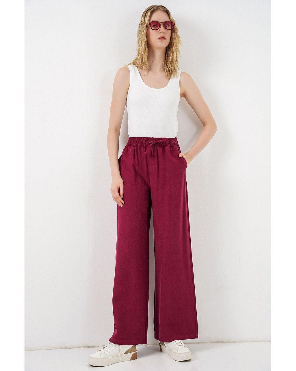 Bigdart Red High Waist Wide Leg Trousers With Pocket