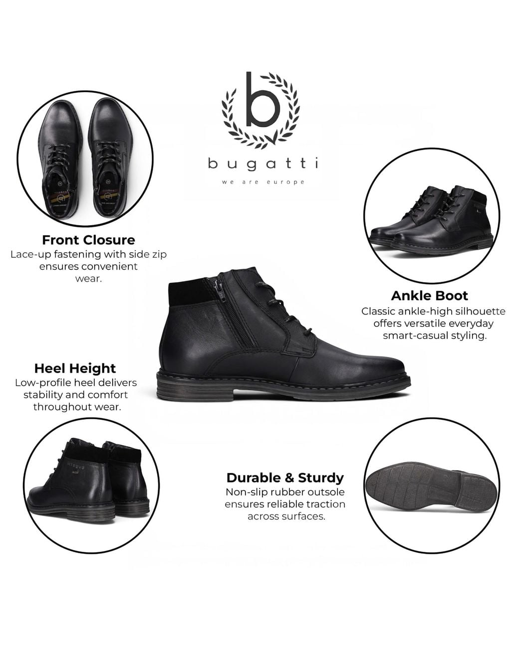 Bugatti Black Leather Lace-Up Chukka Ankle Boots for men