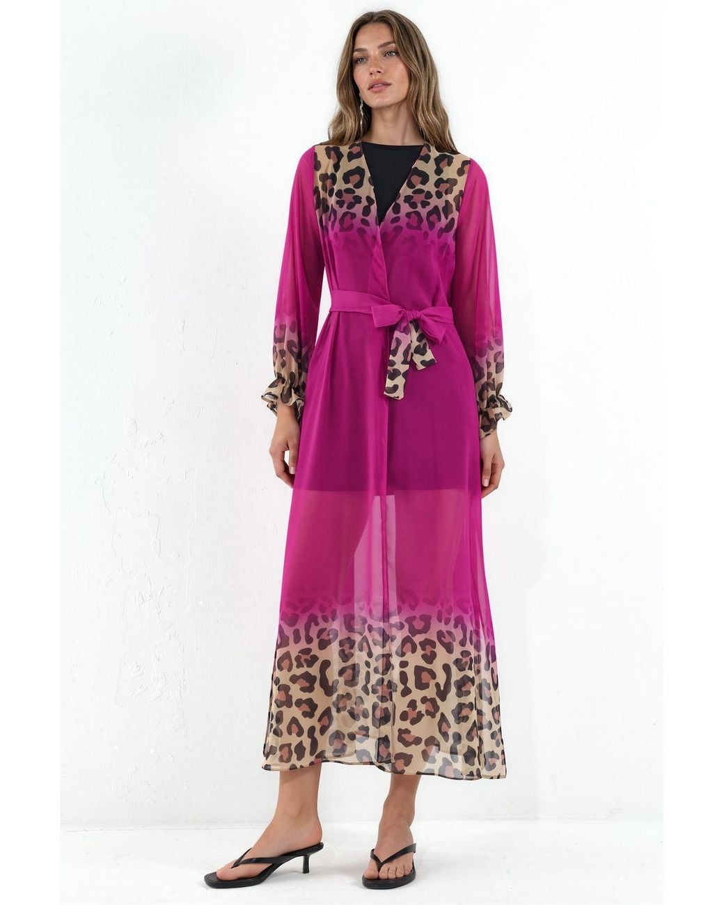 Msn-Collection Pink Printed Maxi Chiffon Belted Cover-Up