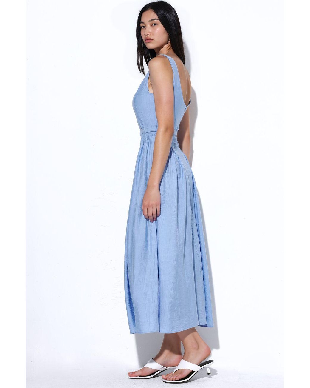 Busem Blue Square Collar Belted Midi Dress