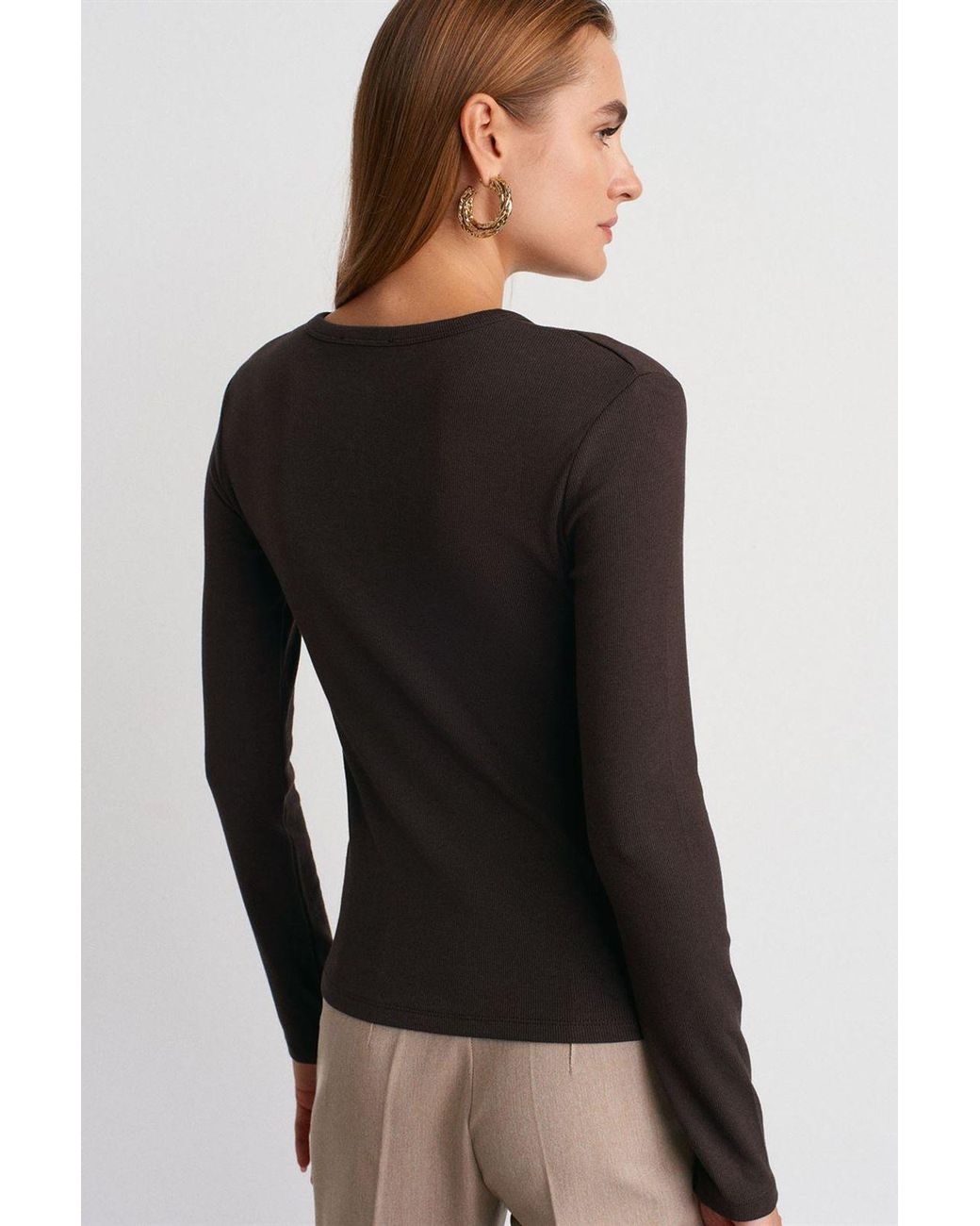 Dilvin Black Ribbed Crew Neck Button Blouse