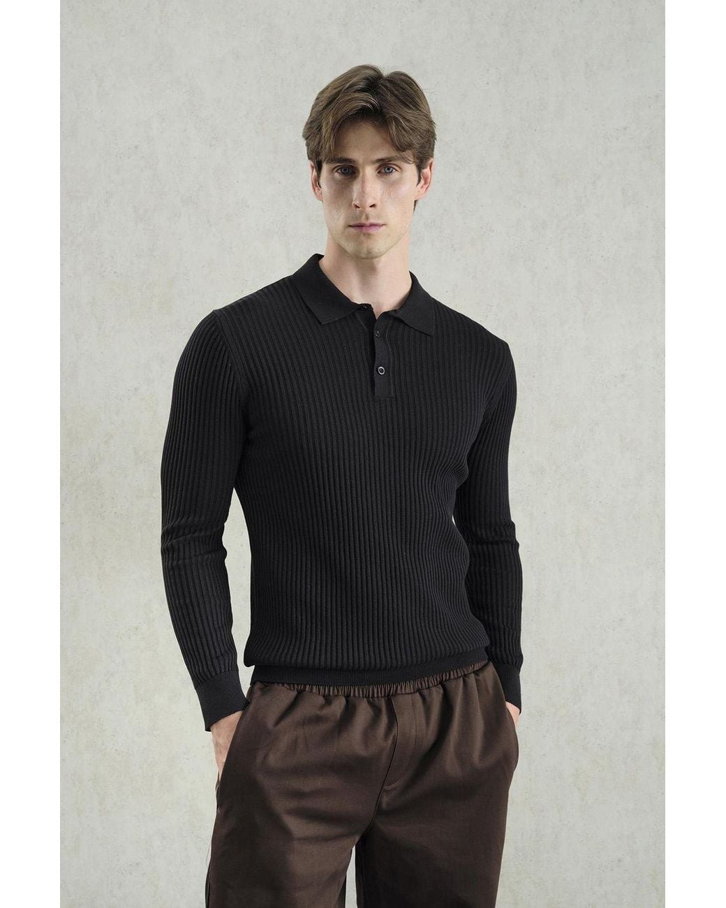 Giesto Black Slim Fit Polo Collar Buttoned Long Sleeve T-Shirt for men