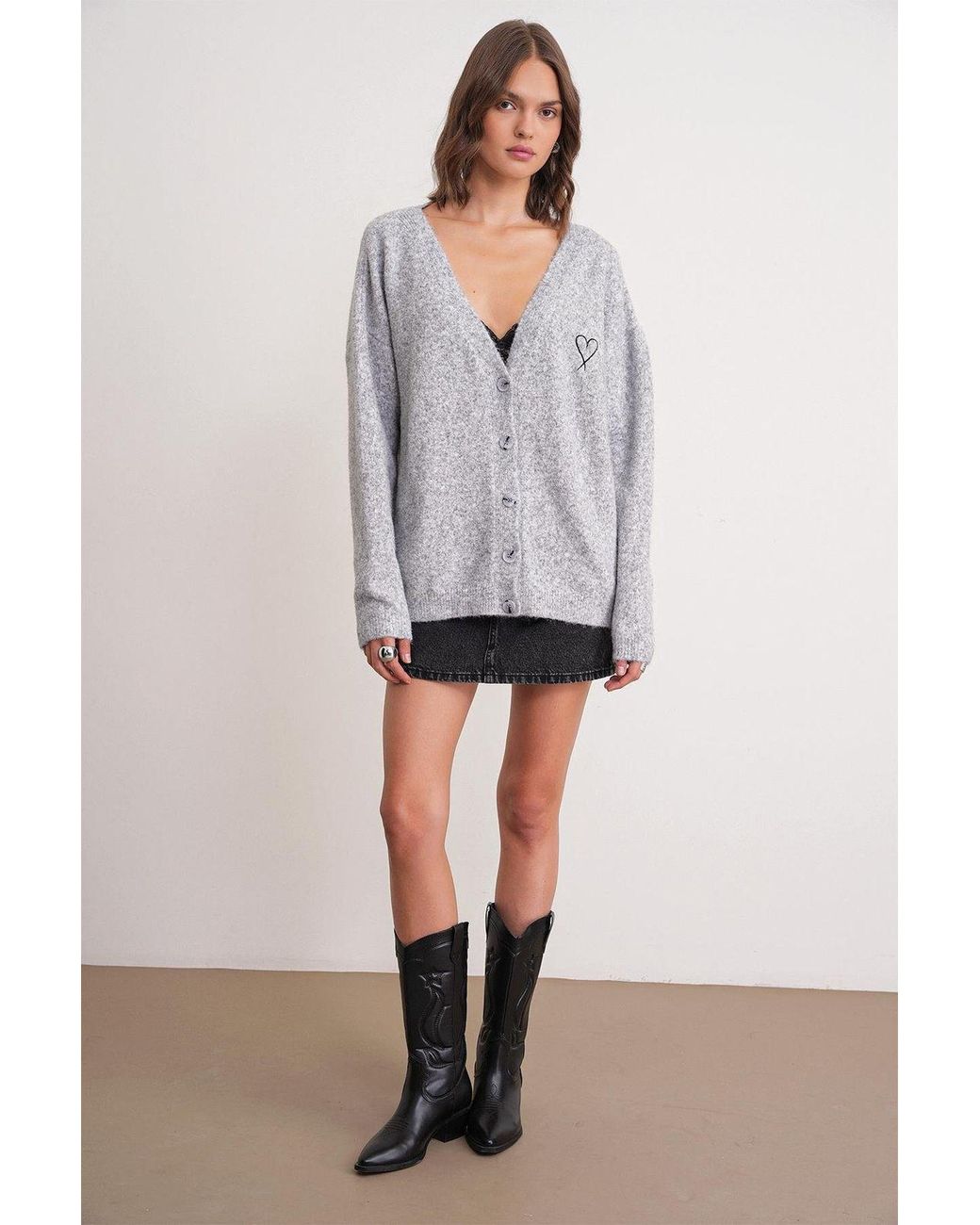 MixRay Gray Oversized Knit Cardigan With Heart Detail