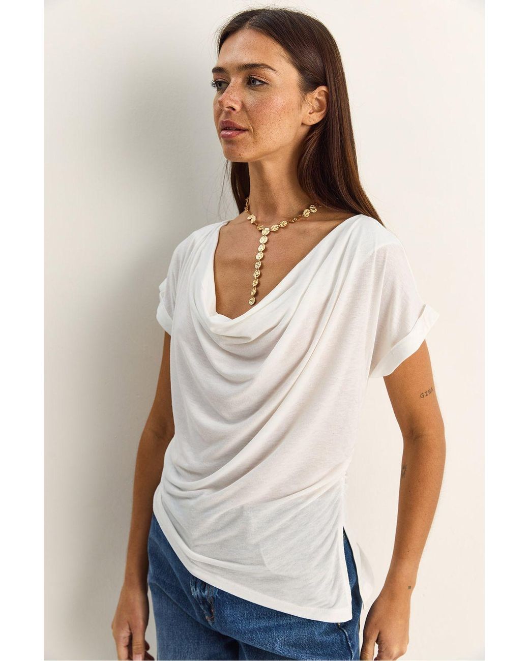 Bianco Lucci White Cowl Neck Drape Blouse