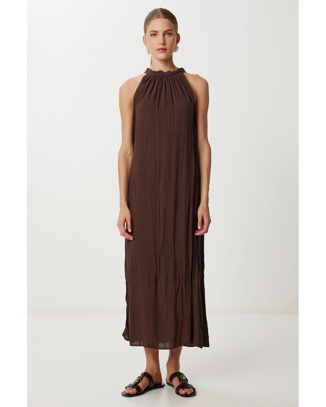 Happiness İstanbul Brown Textured Midi Dress With Halter Collar