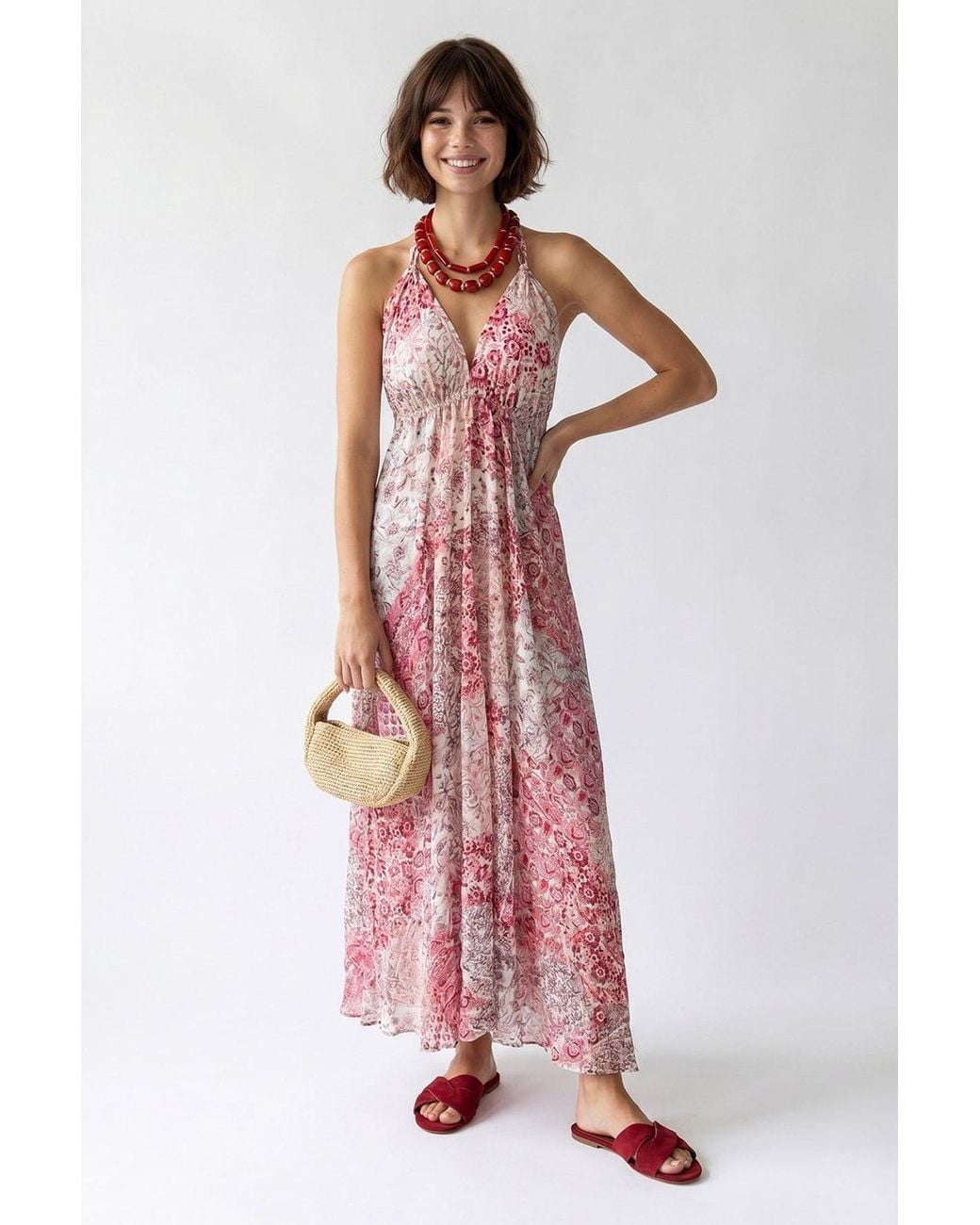 MixRay Pink Paisley Halter Maxi Dress