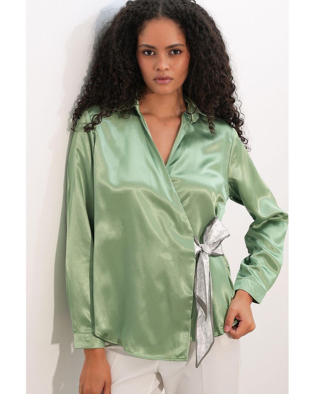 Bigdart Green Satin Tie-Front Shirt