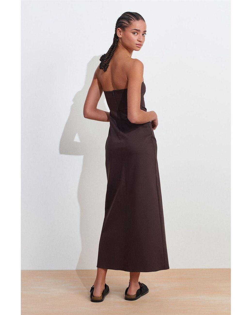 Dilvin Brown Strapless Fitted Midi Dress With Slit