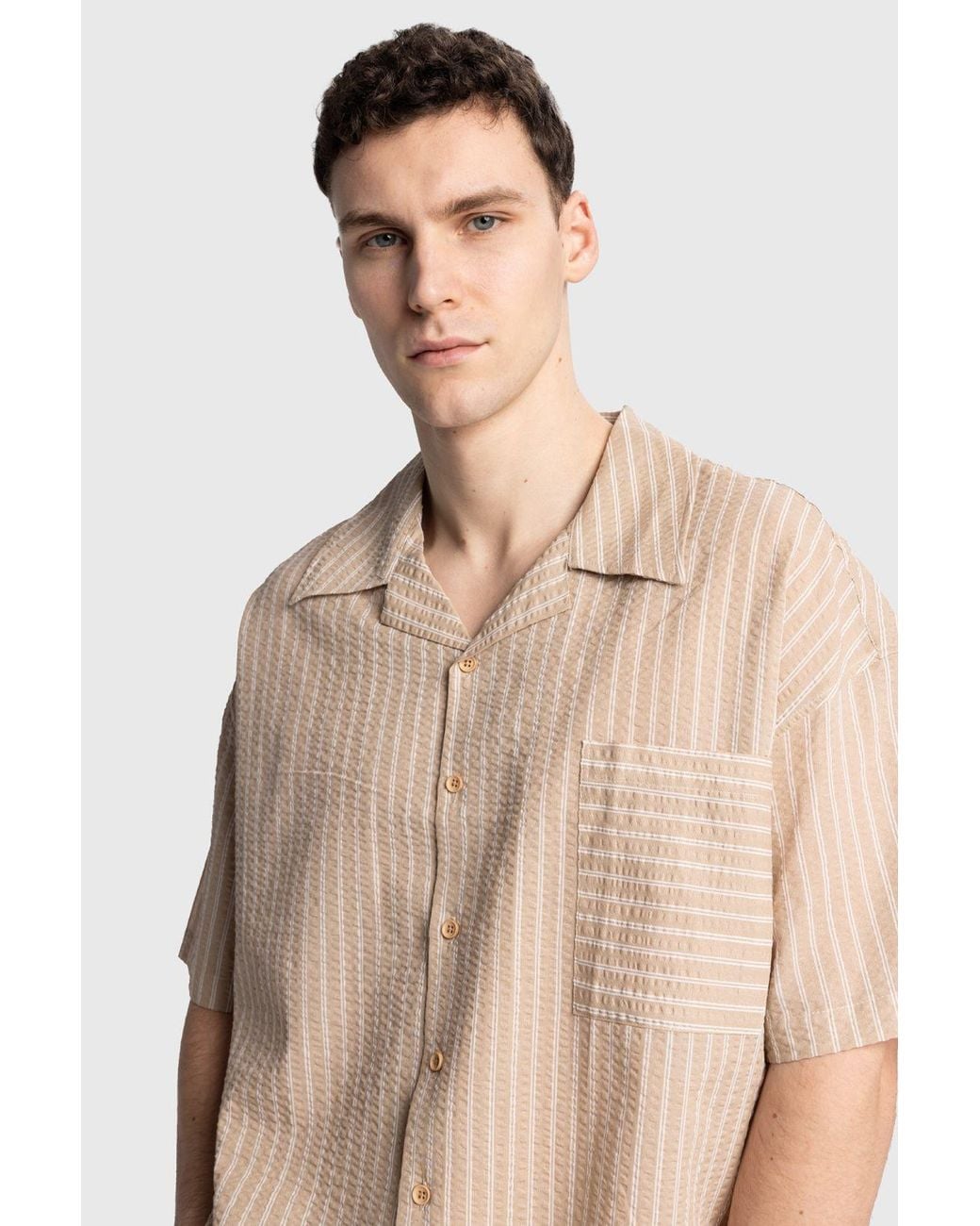 Giesto Natural Textured Striped Short Sleeve Shirt With Pocket for men