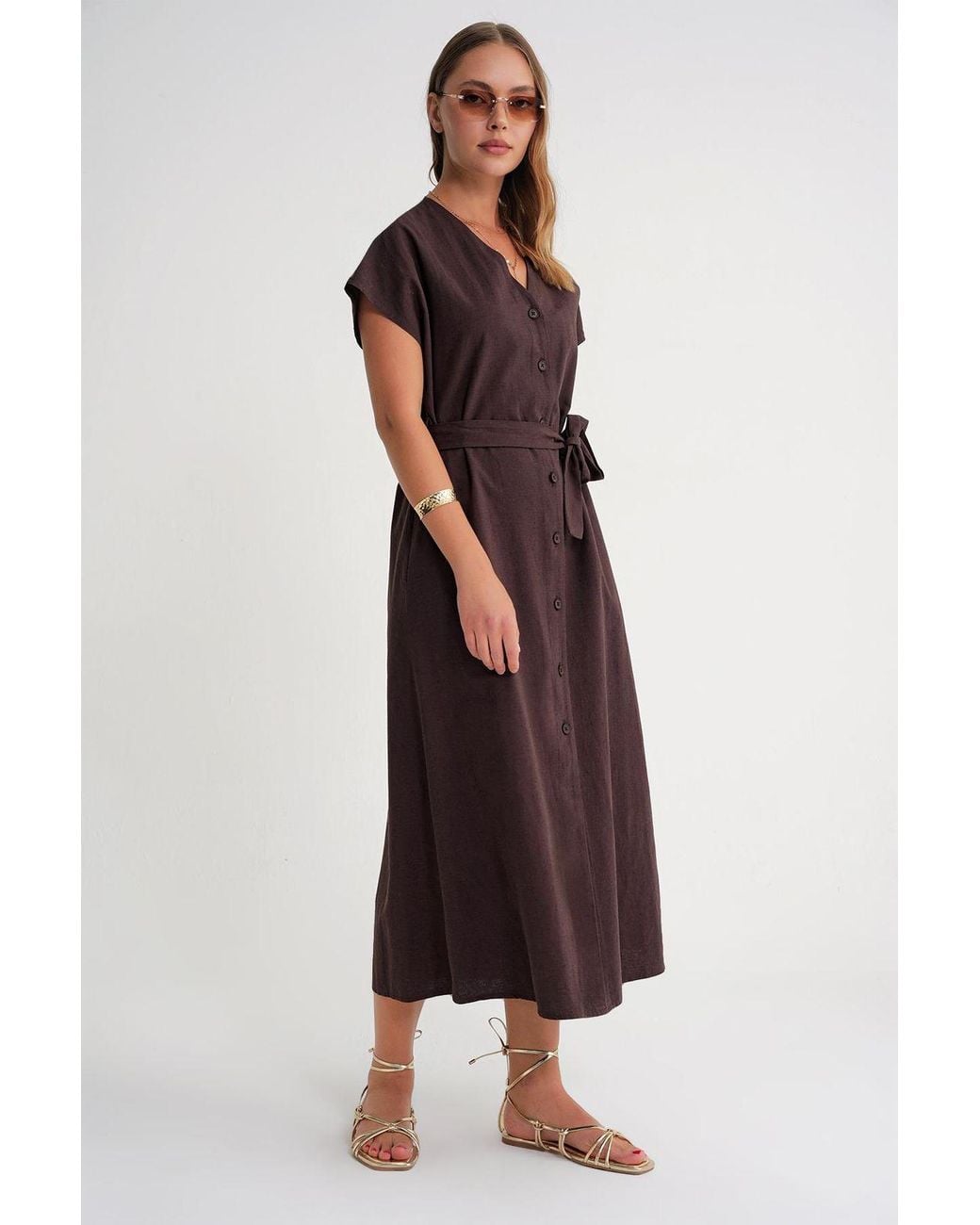MixRay Brown Belted Shirt Dress