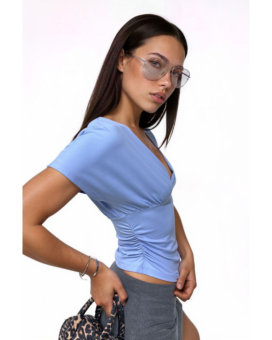 Busem Blue Fitted Crop Blouse With Tie Detail