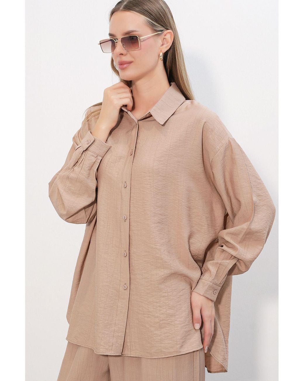 Bigdart Natural Textured Button-Up Long Sleeve Shirt