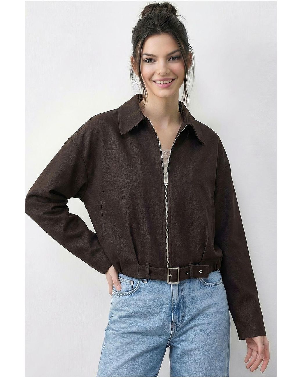 Bianco Lucci Black Oversized Denim Bomber Jacket With Belt