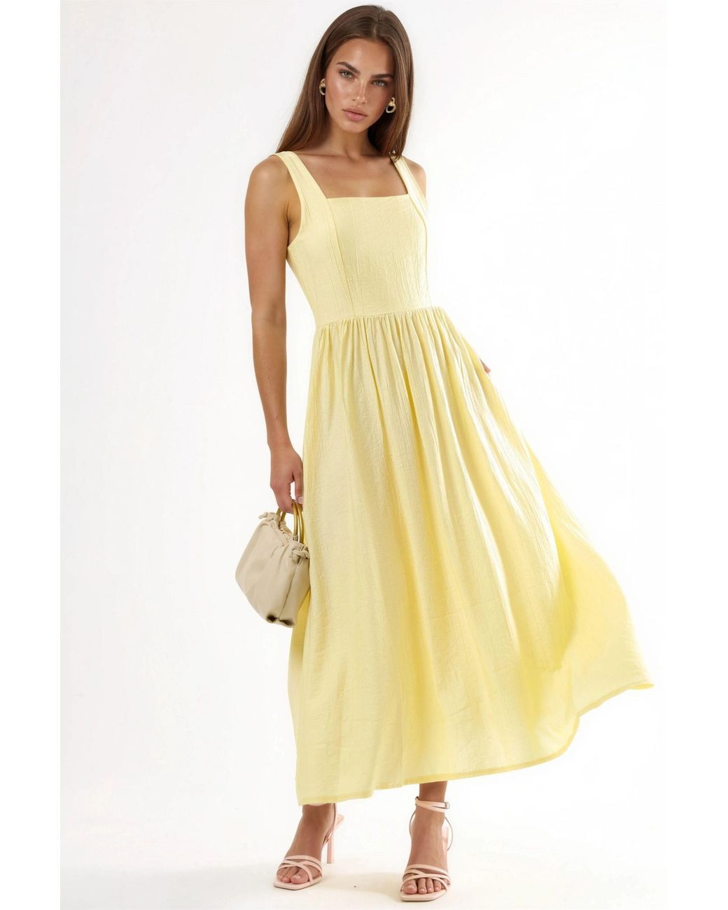 Busem Yellow Solid Midi Dress With Square Collar