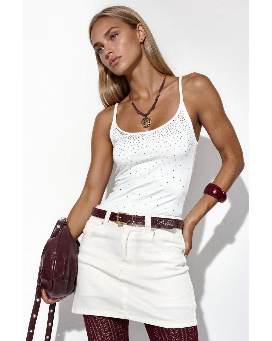 Busem White Fitted Crop Sequin Cami Top