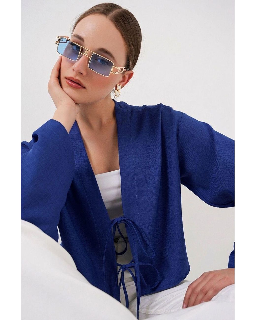 Bigdart Blue Viscose Blend V-Neck Long Sleeve Kimono With Binding Detail