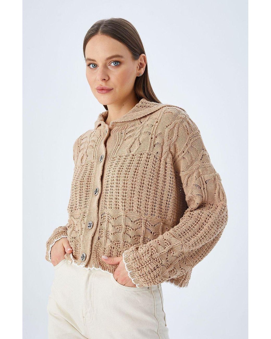 MixRay Natural Textured Knitwear Cardigan With Button Closure