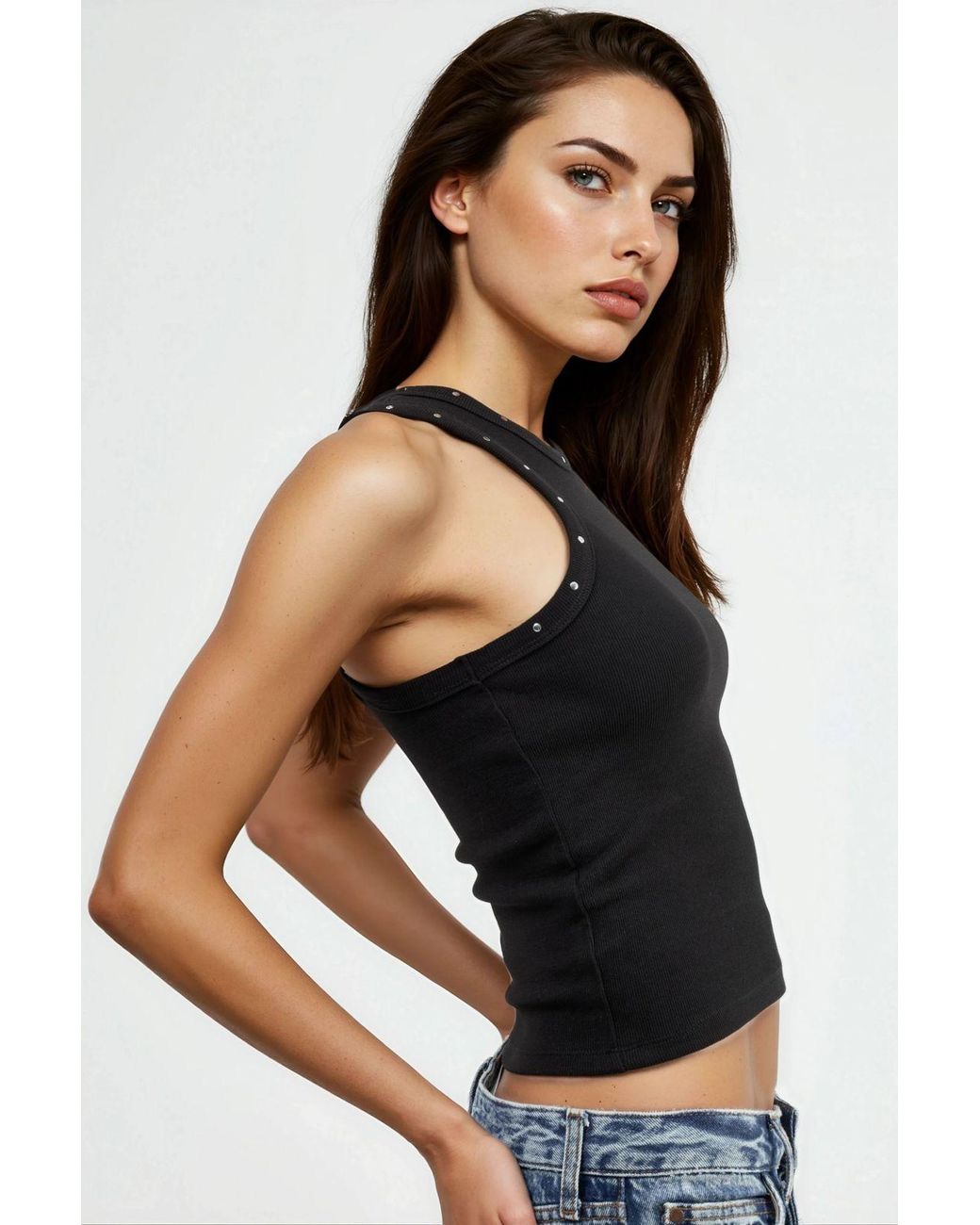 Busem Black Sleeveless U Collar Tank Top With Accessory Detail