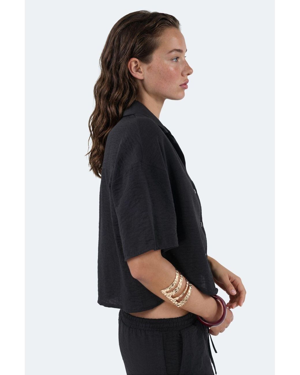 Busem Black Textured Crop Shirt With Button Closure
