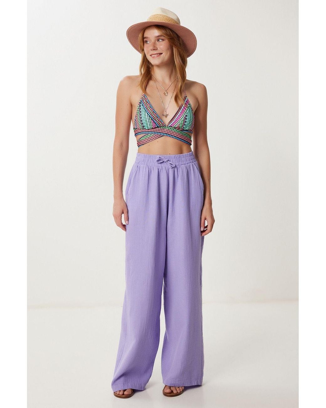 Happiness İstanbul Purple Wide Leg Drawstring Waist Pants With Binding Detail