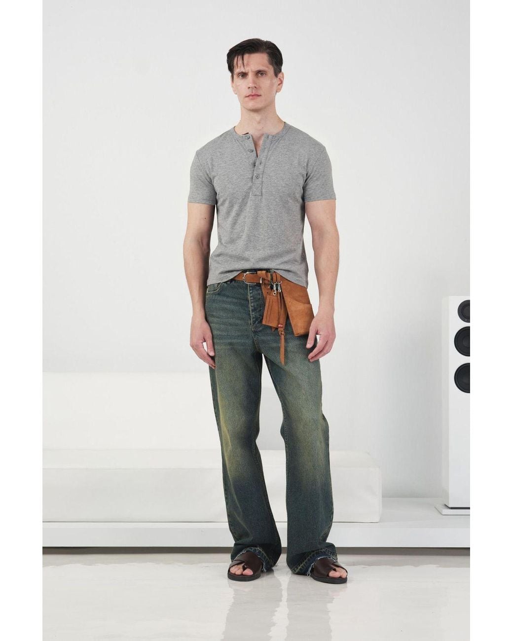 Giesto Gray Slim Fit Crew Neck Buttoned T-Shirt for men