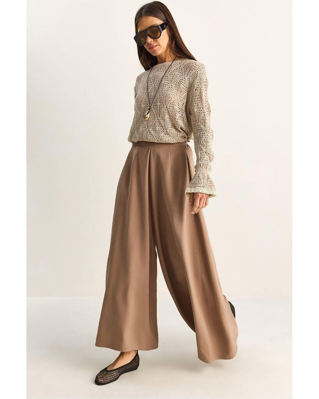 Bianco Lucci Natural High Waist Wide Leg Trousers
