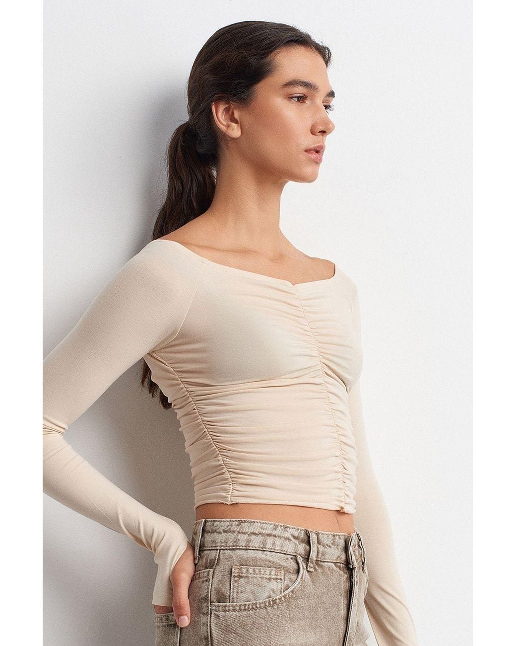 Dilvin Natural Off-Shoulder Crop Top Blouse