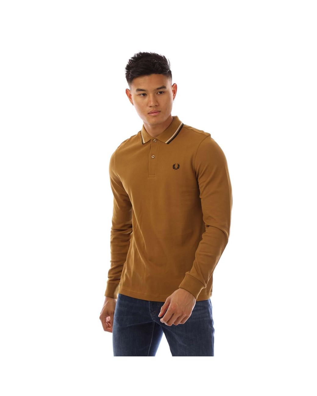 Fred Perry Brown Long Sleeve Twin Tipped Polo Shirt for men