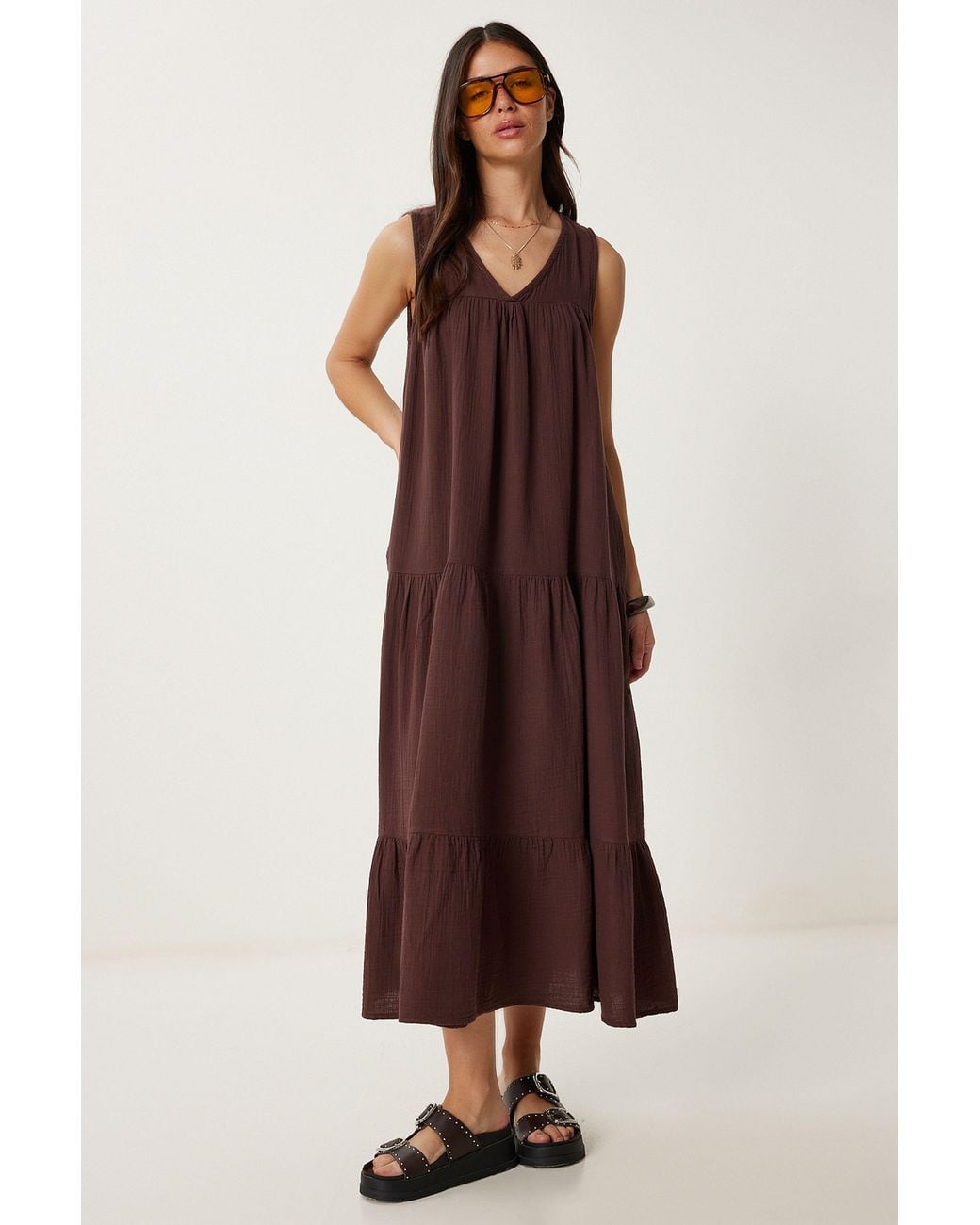 Happiness İstanbul Brown Frilly V-Neck Midi Dress