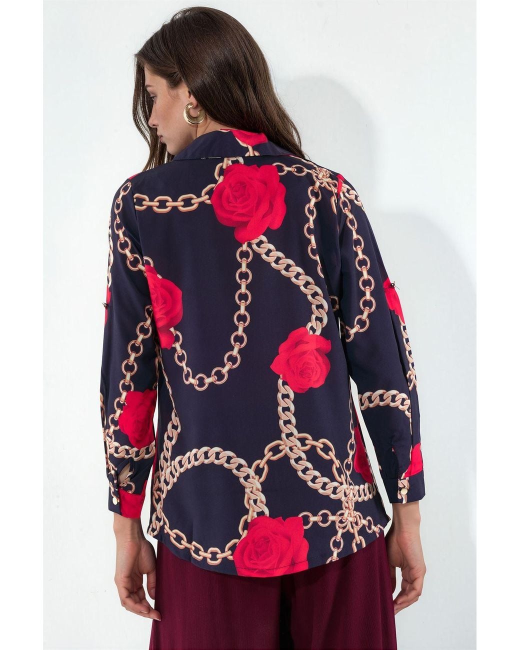 Msn-Collection Red Floral Crepe Button-Front Shirt