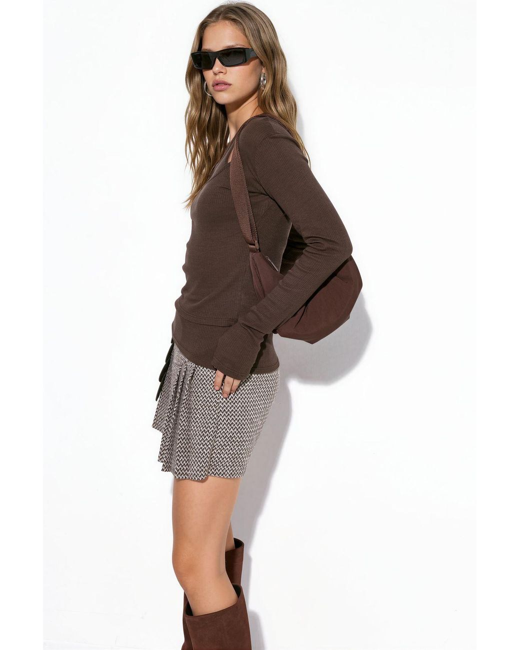 Busem Brown Ribbed U Collar Long Sleeve Blouse