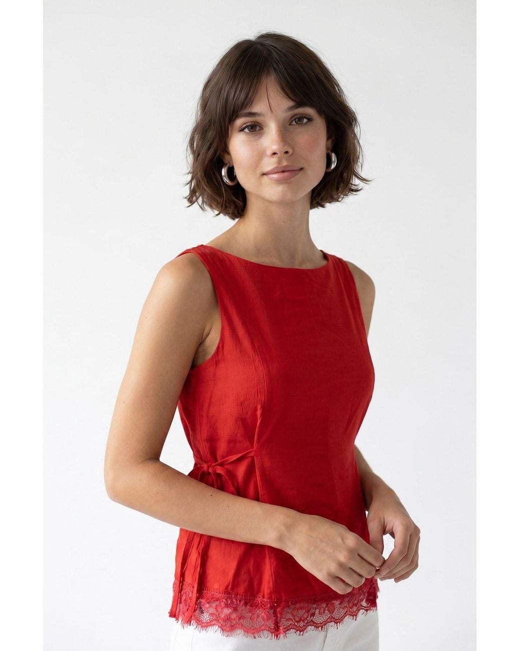 MixRay Red Sleeveless Poplin Tie-Front Blouse