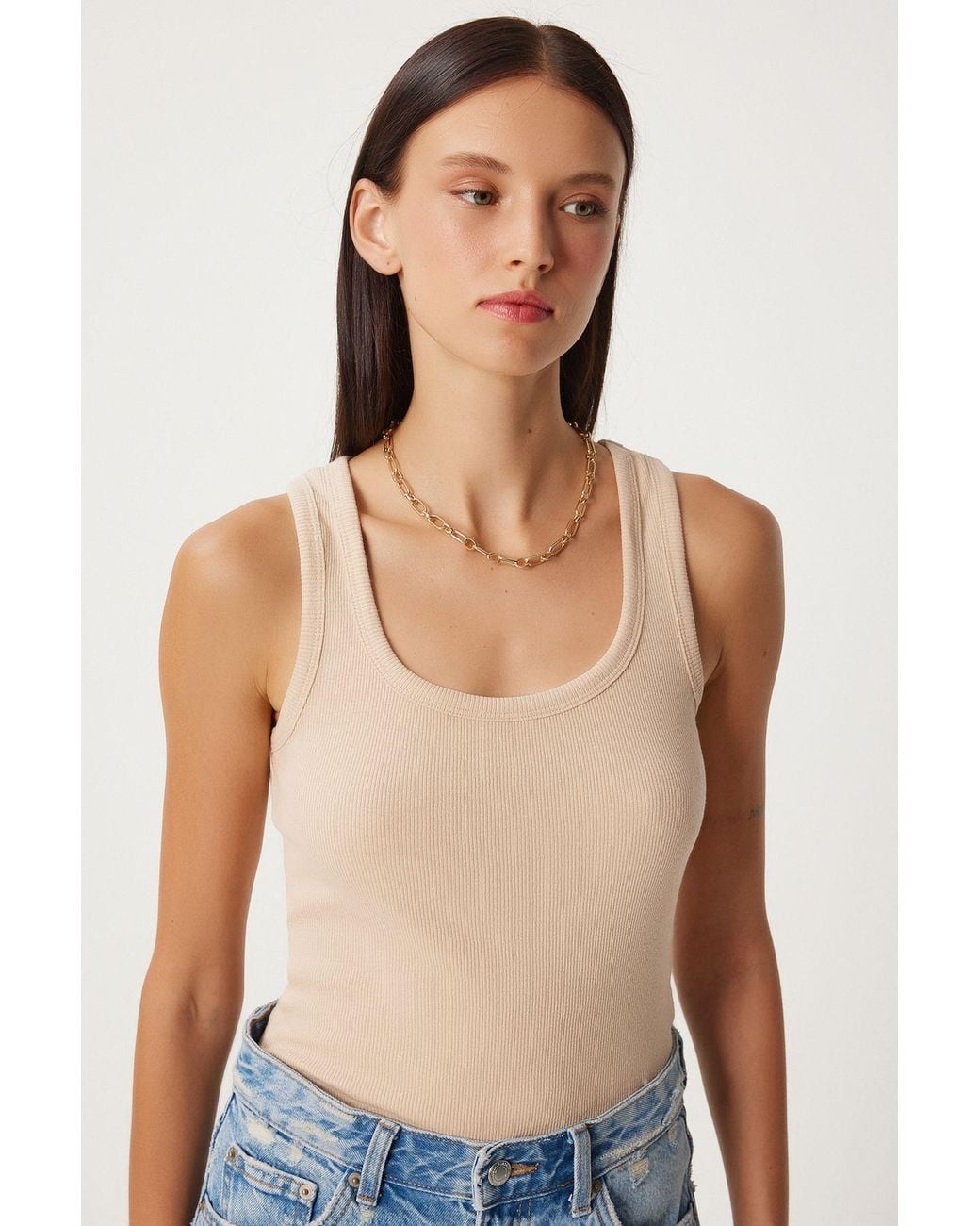 Happiness İstanbul Natural Fitted Cotton U Collar Tank Top