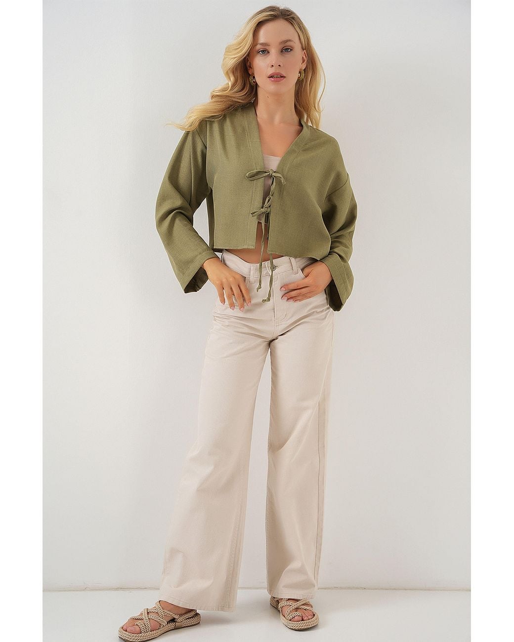 Bigdart Green Viscose Blend V-Neck Long Sleeve Kimono With Binding Detail