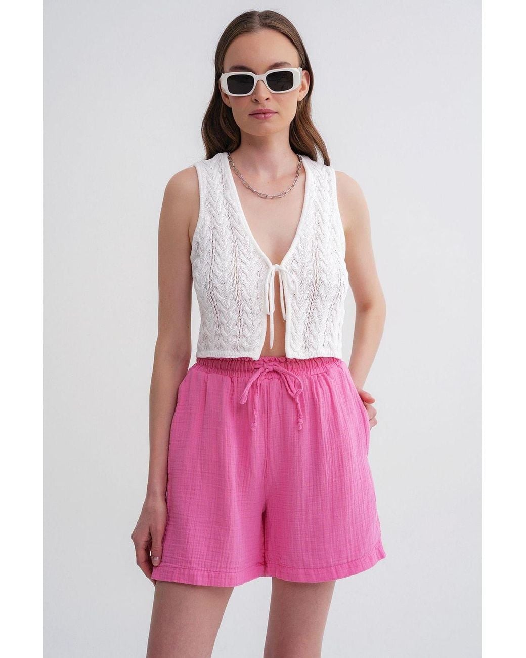 MixRay Pink High-Waist Textured Wide-Leg Shorts