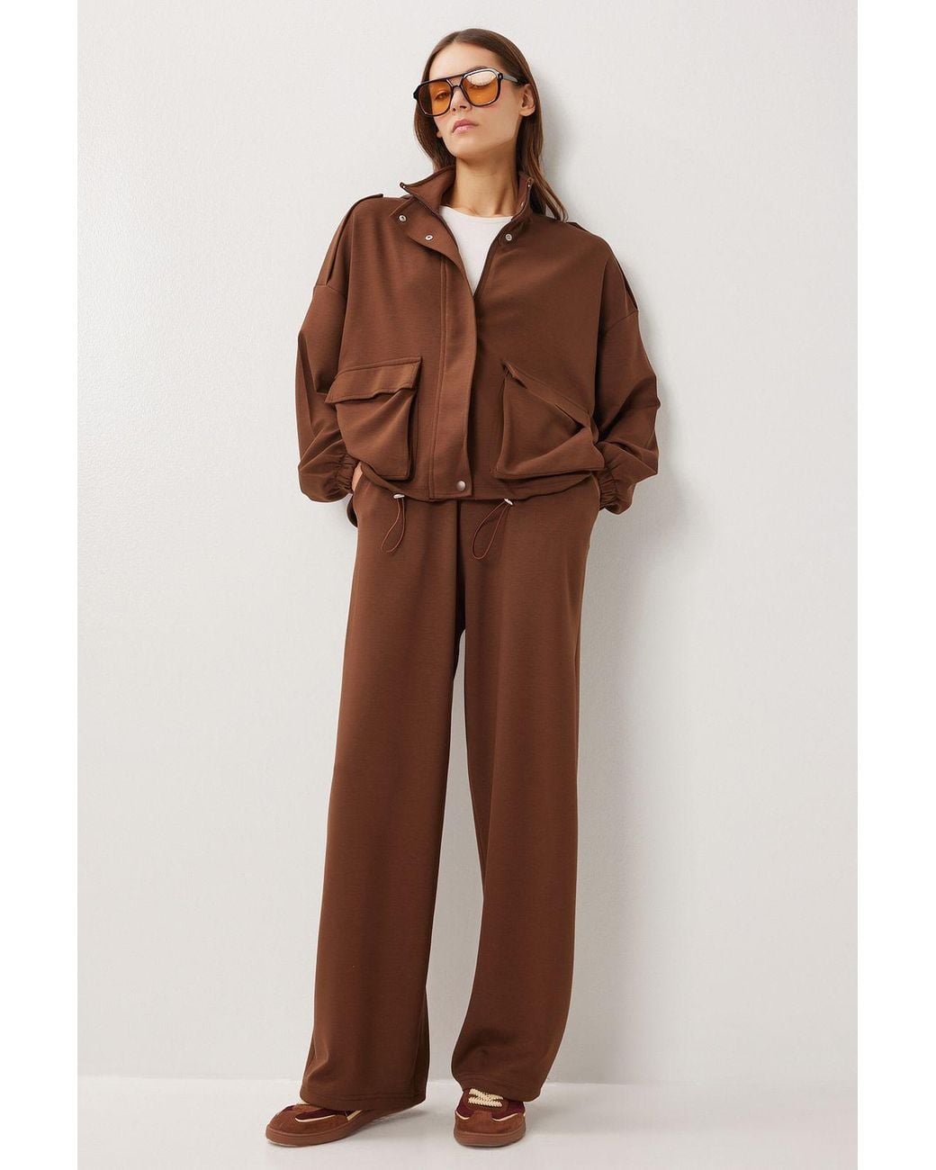 Happiness İstanbul Brown Pocket Detail Jacket & Wide Leg Pants Two-Piece Set