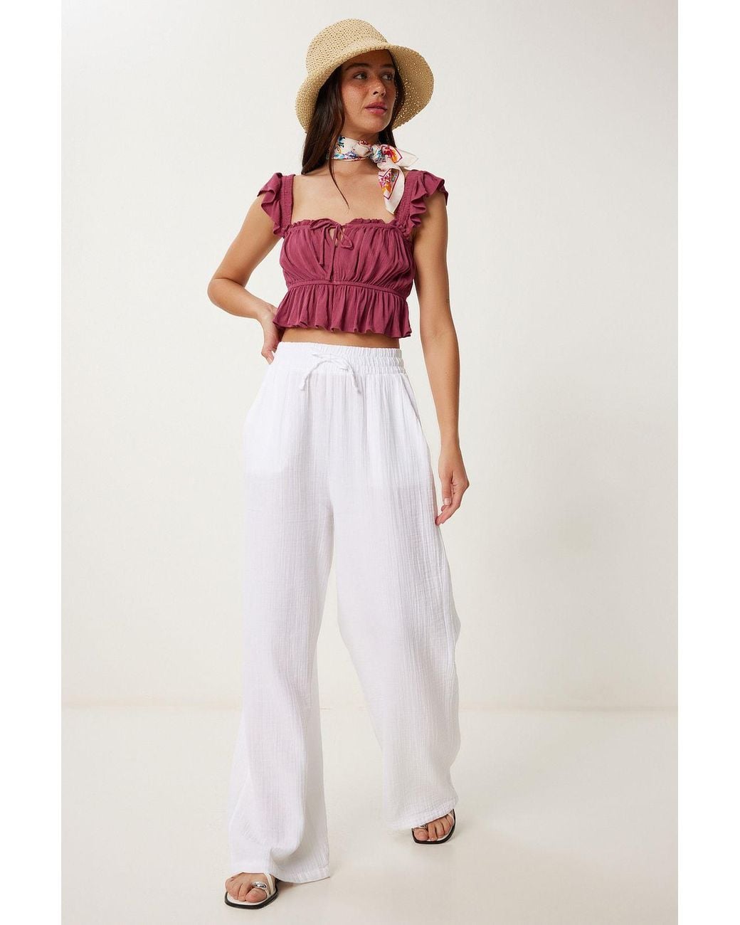 Happiness İstanbul White Wide Leg Drawstring Waist Pants With Binding Detail