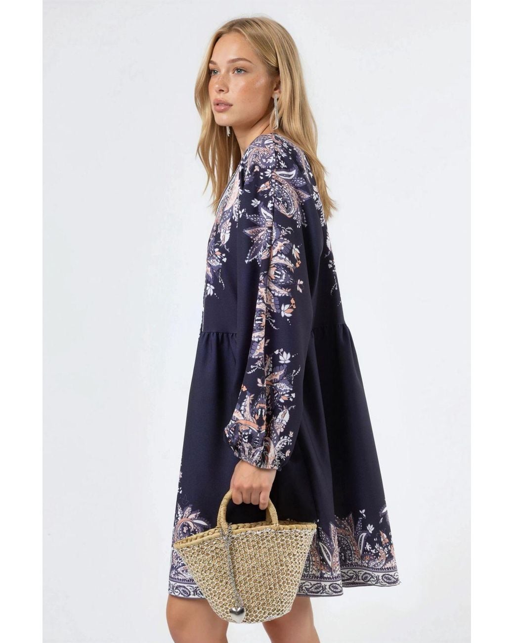 Msn-Collection Blue Belted Mini Dress With V-Neck