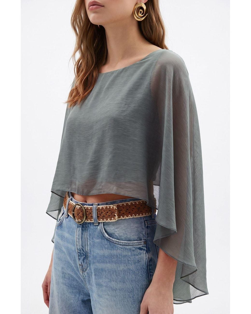 MixRay Gray Loose Chiffon Crew Neck Blouse