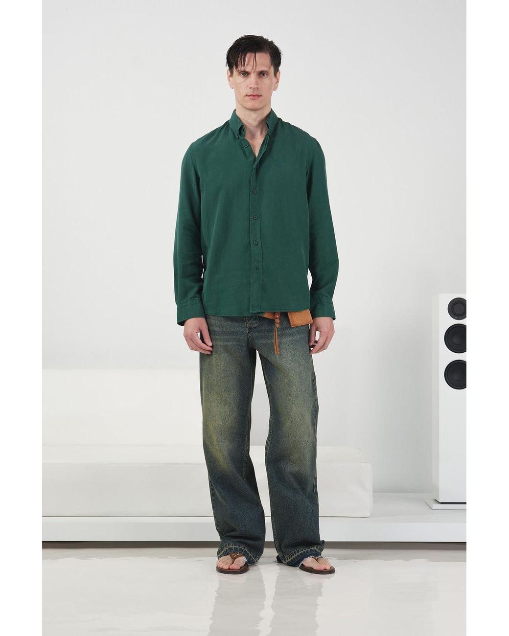 Giesto Green Casual Long Sleeve Tencel Button-Up Shirt for men