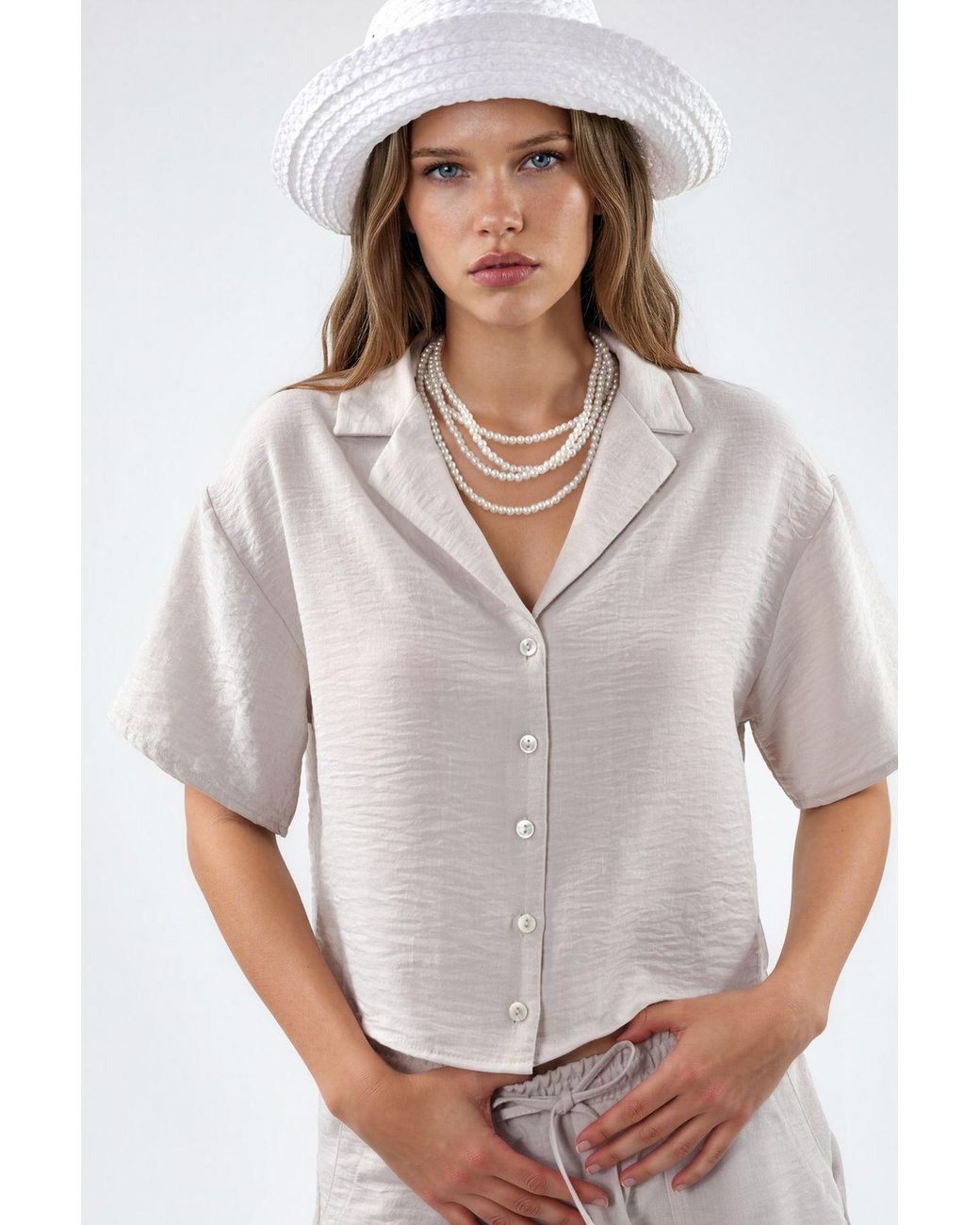 Busem White Textured Crop Shirt With Button Closure