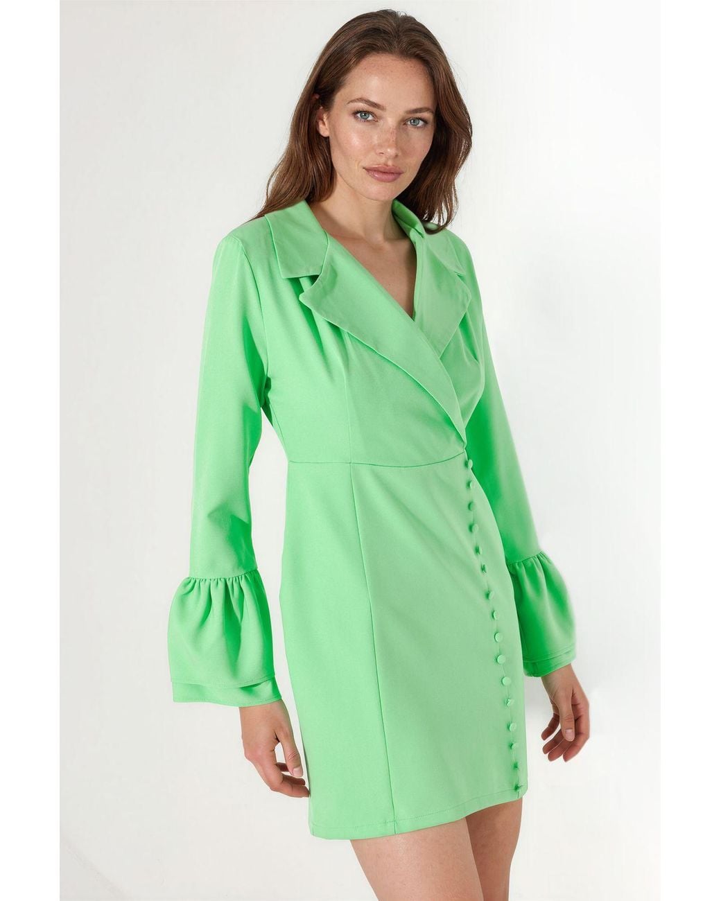 Msn-Collection Green Fitted Mini Dress With V-Neck And Buttons