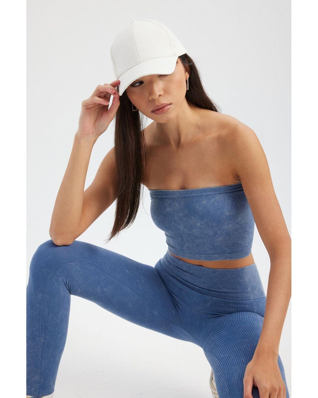 Hiccup Blue Acid Washed Strapless Ribbed Crop Top
