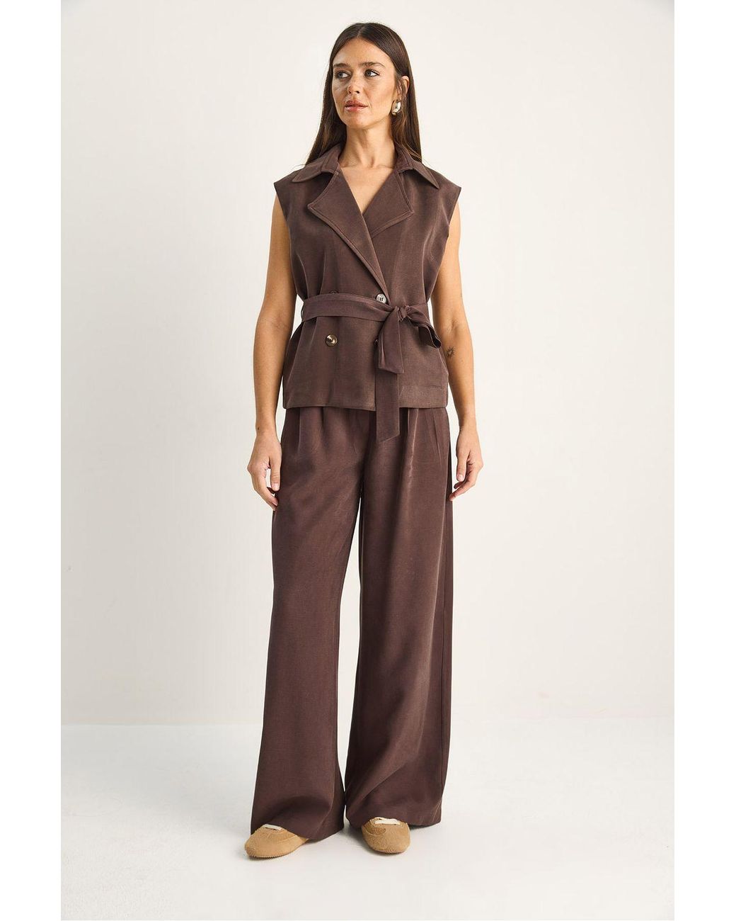 Bianco Lucci Brown High Waist Wide Leg Co-Ord Set With Shawl Collar