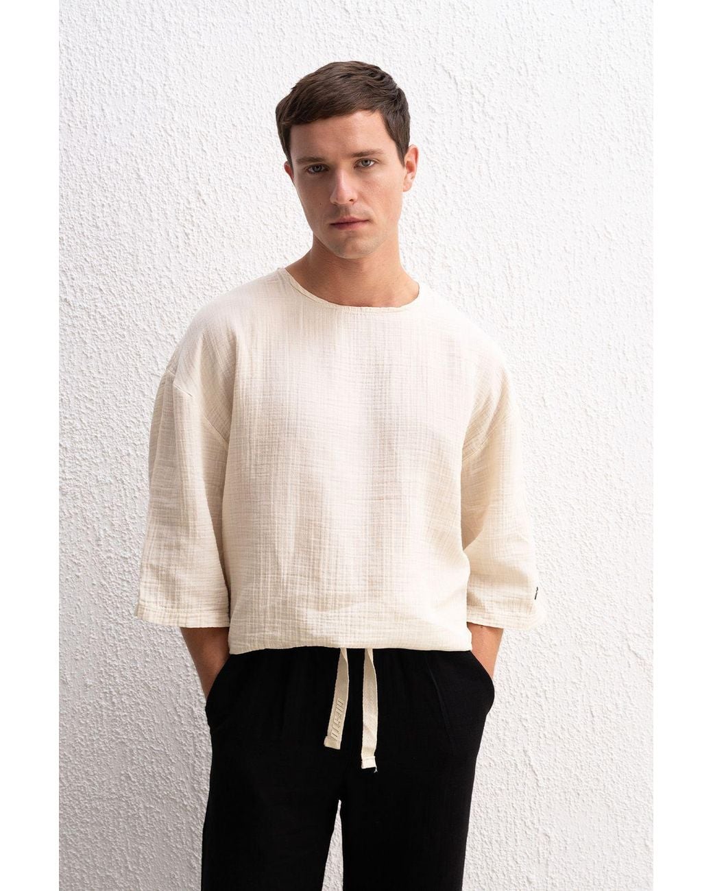 Giesto Natural Muslin Crew Neck Long Sleeve T-Shirt for men