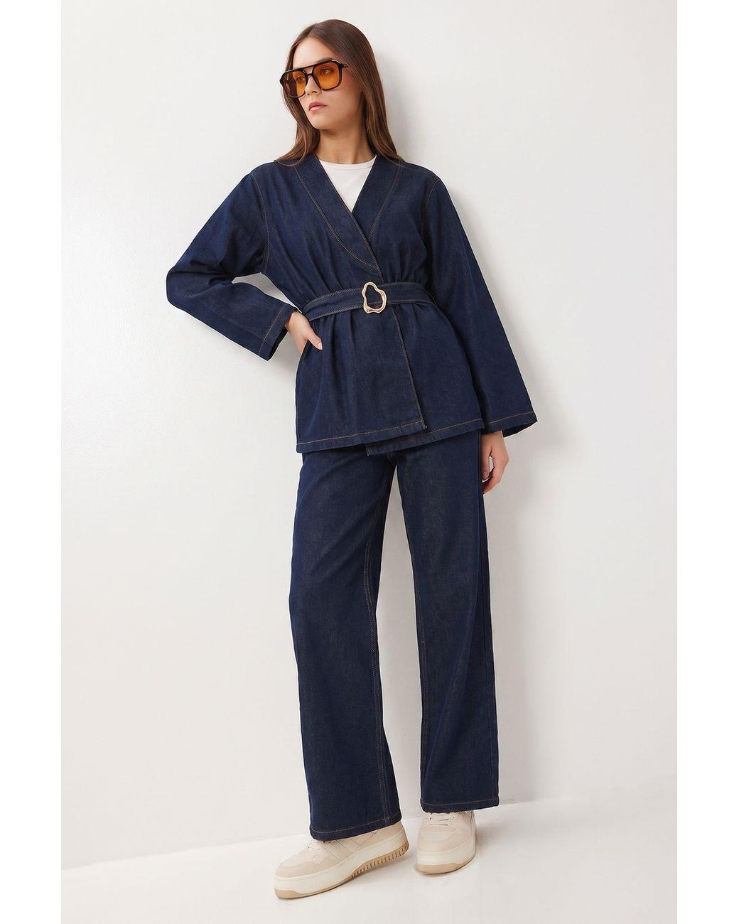 Happiness İstanbul Blue Cotton Gabardine Jacket And Wide-Leg Trousers Set