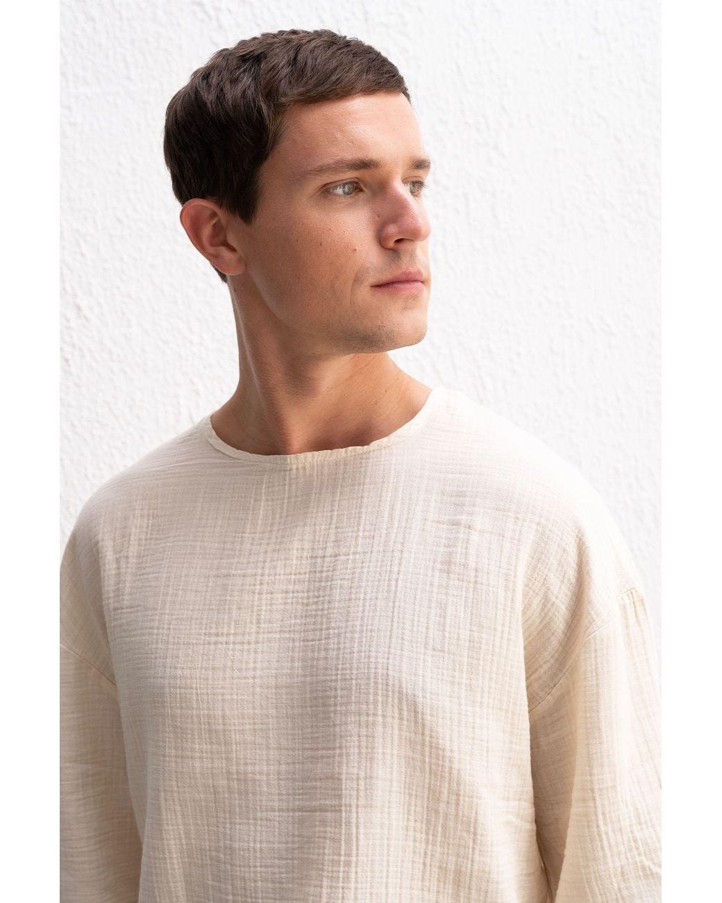 Giesto Natural Muslin Crew Neck Long Sleeve T-Shirt for men