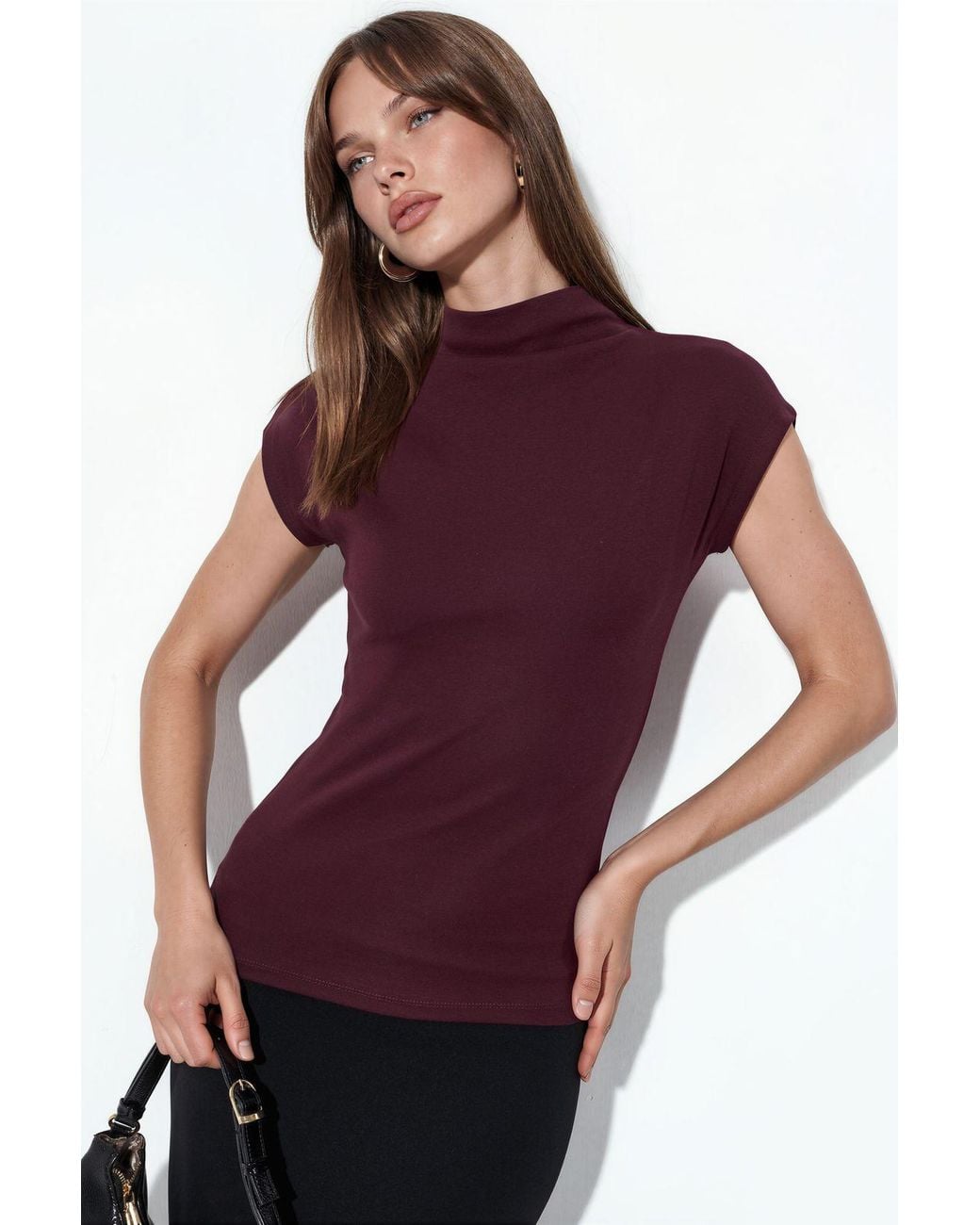 Busem Purple Fitted Mock Neck Cap Sleeve Knitted Blouse